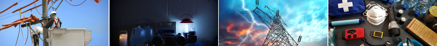 4 photos displaying things related to a "Power Outage"; An electrical worker on a powerline, a lantern, a transmission line with lightning in the background, and an emergency preparedness kit. , 