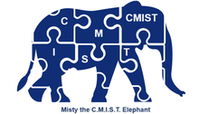 Image of Misty the CMIST Elephant, a graphical representation of "the elephant in the room", an elephant with puzzle pieces superimposed with the letters CMIST which represents Communication, Maintaining Health, Independence, Support, Transportation