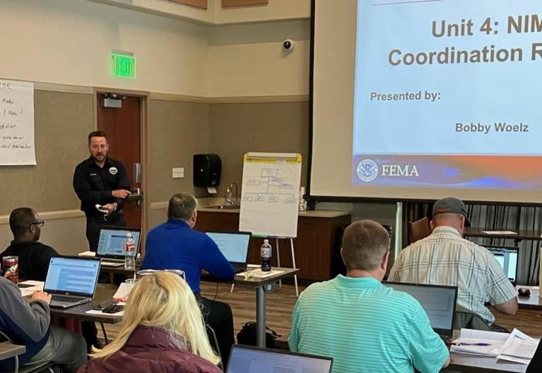 Bobby Woelz, Saguache County's Emergency Management Director, presents during a 'Train-the-Trainer' course, the final step on his path to becoming a certified Incident Command System (ICS) Instructor.